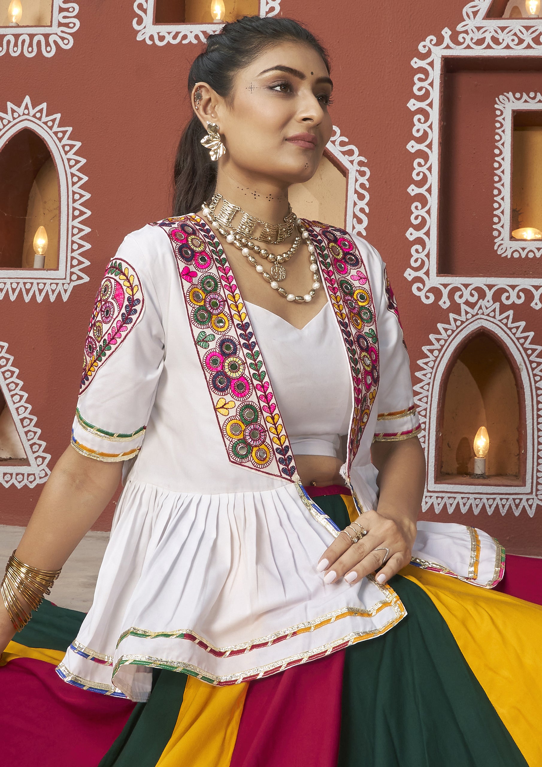 Multi Color Viscose Rayon Embroidered Navratri Lehenga With Jacket